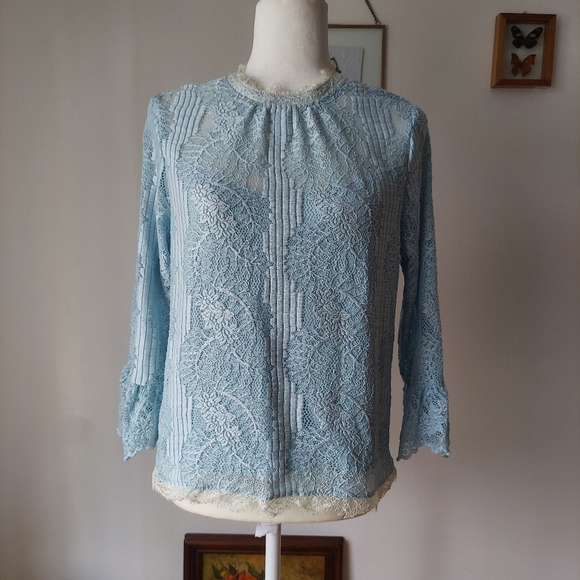 Heartloom Tops - Heartloom Lace Eyelet Contrast Trim Turtleneck Mock Neck Top Baby Blue XS